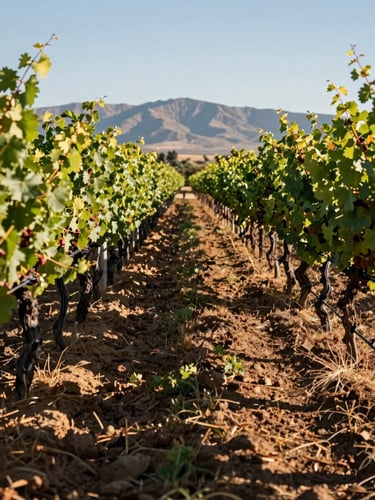 Close view of a vineyard row at ground level in Mendoza, afternoon light casting long shadows between vine trunks, Andes foothills visible in the far distance, no people, soil and leaf detail visible