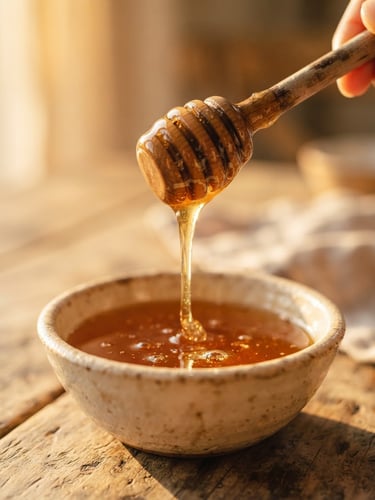Macro shot of rich viscous golden honey dripping from a wooden dipper, warm golden-hour side light, shallow depth of field, 35mm