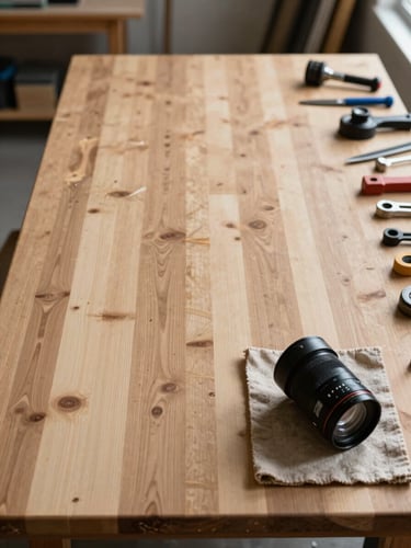 Wide shot of an empty wooden workbench in a north-facing studio, tools arranged at the far right edge, soft diffused daylight raking across the grain, a Bravo device resting face-down on a worn cloth pad, negative space dominating the left half of the frame