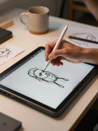 Close portrait-orientation study of an illustrator's hand gripping a stylus against a large tablet on a studio desk under warm tungsten lamp light, the hand slightly angled showing grip and wrist resting naturally on the screen, a half-finished ink line drawing visible beneath the stylus tip, the desk surface scattered with loose paper and a ceramic cup — no UI chrome visible, no face shown, no flash