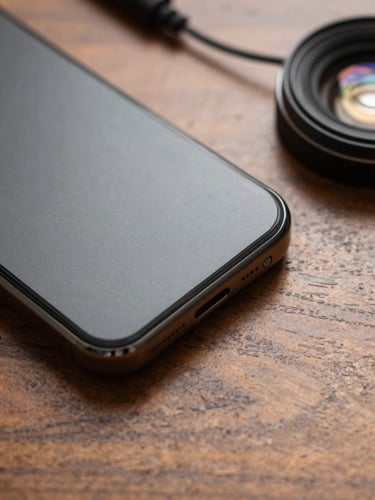 Close overhead study of a phone's bottom edge resting on a wooden studio desk, speaker grille visible in sharp detail, a thin audio cable coiled nearby, warm tungsten studio light, matte surface texture, no screens visible