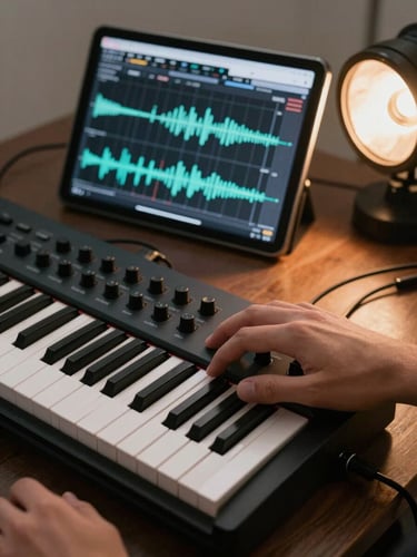 Close-up overhead of a producer's hands on a compact MIDI keyboard, a Bravo tablet propped on a stand displaying an audio waveform grid, warm tungsten light from the right, scattered patch cables visible at the edge of the frame