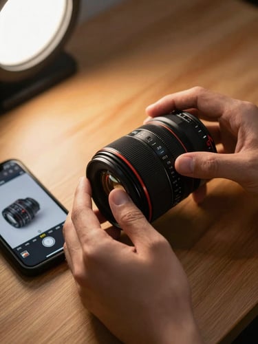 Extreme close-up overhead of two hands adjusting a camera lens resting on a warm wooden desk surface, a Bravo phone beside it showing a captured RAW file thumbnail, warm tungsten studio light from the upper left, shallow depth of field on the lens markings