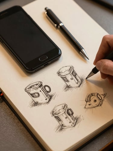 Extreme close-up overhead view of a maker's desk: a Bravo phone resting face-down near a mechanical pencil and a worn sketchbook open to a page of gestural thumbnail drawings, warm tungsten light raking across the paper grain, natural warm gray surface visible at the edges