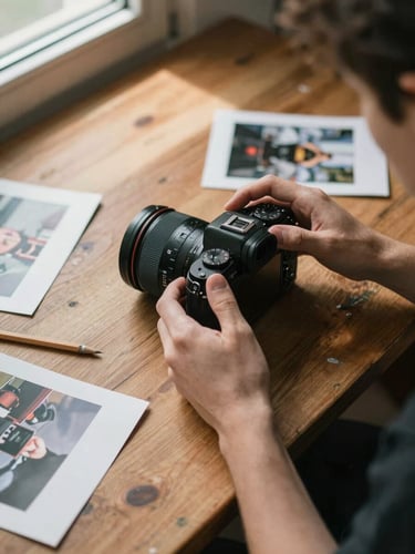 Close overhead view of a photographer's hands adjusting a mirrorless camera resting on a worn oak desk, a few loose prints and a pencil nearby, soft north-facing window light raking across the grain of the wood, warm and unhurried