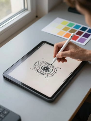 Tight overhead shot of a designer's hand gripping a stylus over a Bravo tablet, a half-finished vector illustration visible on screen, a physical color swatch card overlapping the tablet edge, north-facing daylight from a window to the left, clean warm-gray desk surface