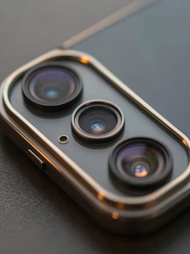 Extreme close-up of a smartphone camera module, three lenses and a small sensor window visible in warm natural side-light, brushed metal surround, fine machined edges catching a warm tungsten glow, shallow depth of field, dark matte body surface