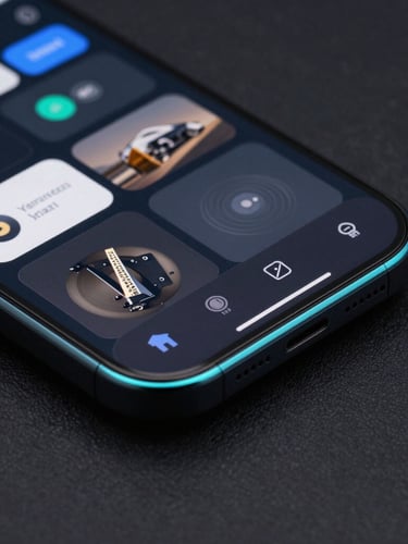 Macro shot of a high-fidelity dark-themed mobile application interface displayed on a modern bezel-less smartphone, sharp electric cyan rim lights reflecting off polished dark glass, deep obsidian background, clean technical UI layout.