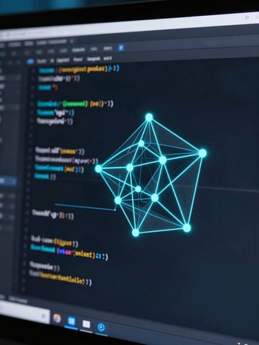 Close-up of a high-fidelity dark-themed code interface with glowing cyan highlights, displaying neural network architecture on a clean screen, soft blue ambient light