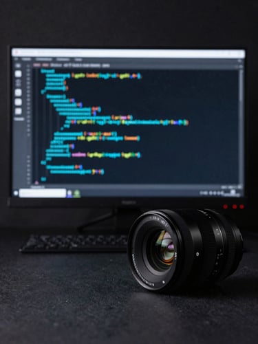 Primer plano de una interfaz de desarrollo de software con líneas de código en azul eléctrico y cian sobre un fondo oscuro y minimalista.