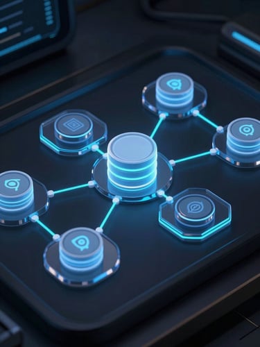 Isometric view of a dark-themed custom dashboard showing automated data pipelines, glassmorphic nodes connecting database icons, cool blue ambient light, sharp cyan highlight lines