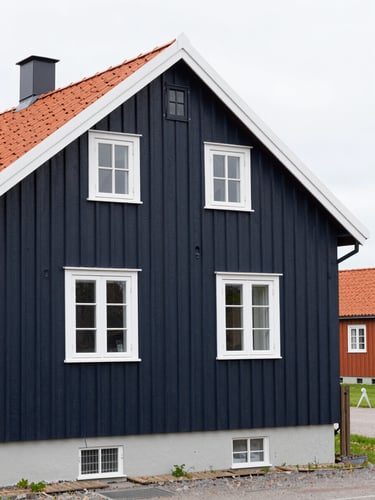 En moderne minigraver arbejder præcist i en privat have på Sjælland, tæt på et klassisk sort træsommerhus med hvide vinduer, overskyet dagslys
