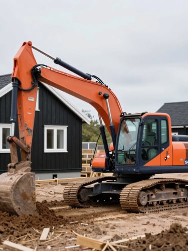 A clean residential construction site in Zealand, a compact excavator precisely grading soil near a black wooden summer house with white windows, overcast daylight, highly professional setup