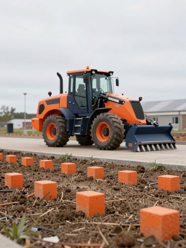 Nærbillede af præcist gravearbejde med orange afmærkning i jorden, en gravemaskines skovl i baggrunden, overskyet dagslys