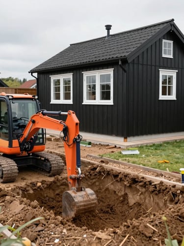 Medium-wide shot of a neat residential garden in Zealand, a small excavator carefully digging a precise trench for a soakaway system, classic black wooden summer house with white windows in the background, bright overcast daylight, crisp editorial construction photography, sharp focus, 35mm lens
