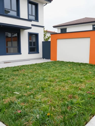 A clean, newly restored residential garden with a fresh green lawn next to a modern house, no construction debris, bright overcast daylight