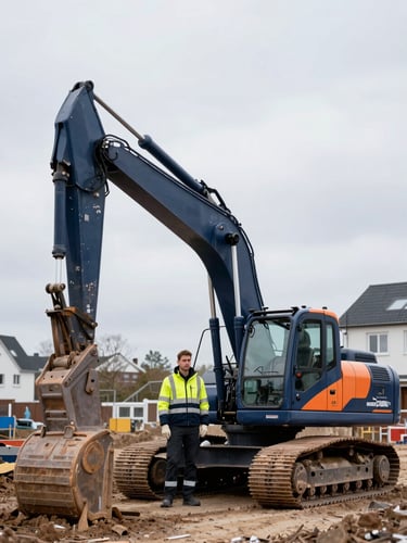 An excavator operator in a high-visibility jacket standing next to a modern excavator on a residential site in Zealand, crisp overcast daylight, clean navy tones.