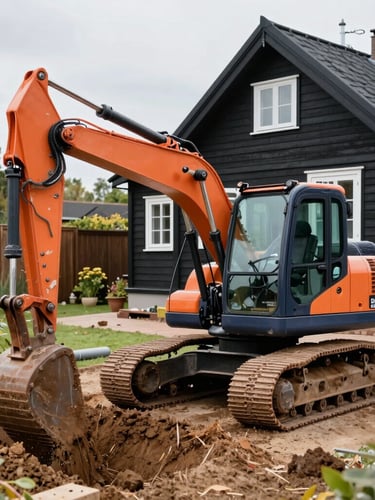 A compact excavator operating carefully in a residential garden, digging a trench for drainage pipes near a classic black wooden summer house, bright overcast daylight, sharp focus