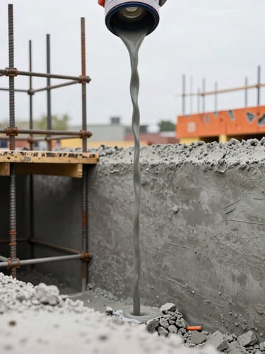 Crisp editorial construction photography, close-up of fresh concrete being poured into a steel-reinforced foundation trench, bright overcast daylight, sharp focus, 35mm lens