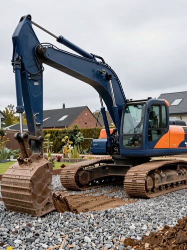 An excavator operating with high precision in a residential garden on Zealand, laying down a gravel bed for foundation work, clean navy blue machinery details, sharp focus, overcast day.