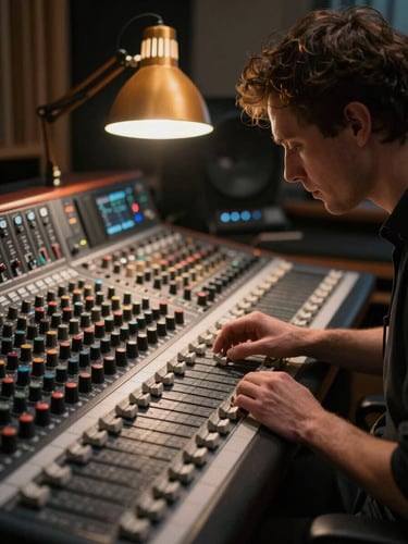 Close-up environmental shot, artist seated at a large studio mixing console, amber desk lamp spilling warm light across the faders, face turned slightly downward in concentration, desaturated shadows framing the edges of the frame