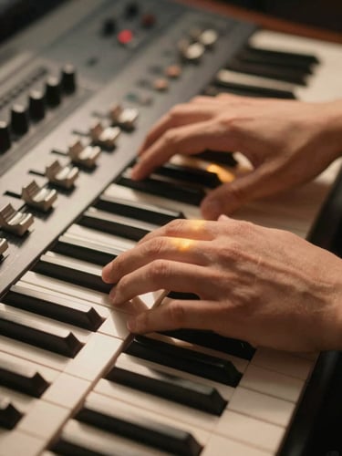 Tight overhead shot of hands resting on studio keyboard keys under warm amber overhead light, control surface faders visible in the soft background, desaturated tones with golden highlights on fingertips