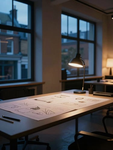 Cinematic wide shot of a modern, high-end creative studio in Covent Garden at dusk, cool blue evening light through large windows casting dramatic shadows, warm interior tungsten glow illuminating a sleek desk with design layouts.