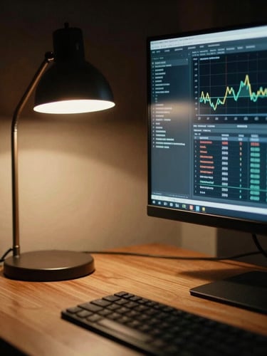 Moody close-up of a high-end workspace in London, dramatic low-key lighting, warm tungsten desk lamp casting long shadows over a sleek monitor displaying data graphs, 35mm film grain
