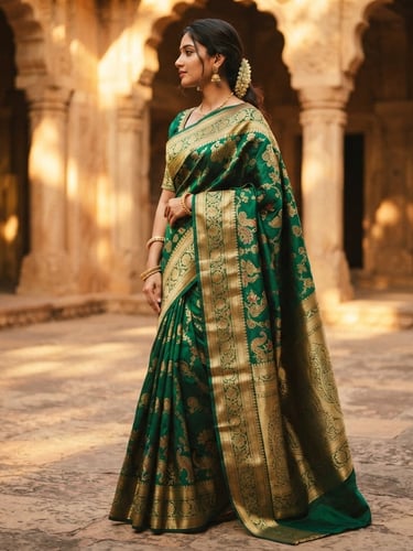 Low-angle medium shot of a rich emerald green silk saree with intricate gold zari borders, captured in warm afternoon sunlight with soft courtyard shadows.