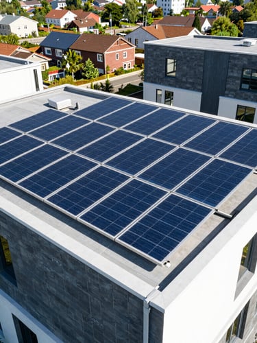 High-angle drone shot of a modern residential rooftop solar installation under bright sunlight, showing clean panels and a clear view of the surrounding neighborhood, crisp architectural framing, 35mm
