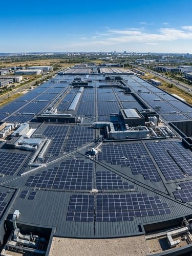 Wide-angle drone shot of a modern factory rooftop with Sunicorn Solar panels, crisp sunlight, architectural framing, high-contrast blue and slate tones.