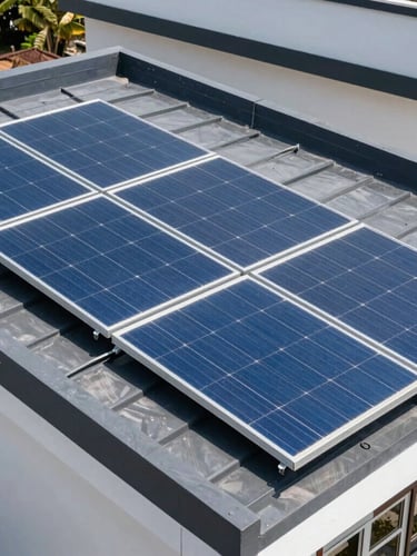 Close-up portrait shot of a modern rooftop solar panel installation on a contemporary Indian home, bright natural sunlight, high-contrast blue and slate tones, crisp architectural framing, 35mm