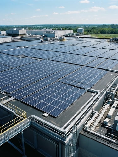 Wide shot of a modern factory rooftop with extensive Sunicorn Solar panels, bright natural sunlight, crisp architectural framing, high-contrast blue and slate tones, 35mm