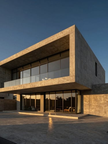 Wide-angle architectural portrait of a modern concrete and glass villa in Ras Al Khaimah, warm golden hour light casting long shadows, deep navy sky, minimalist luxury aesthetic.
