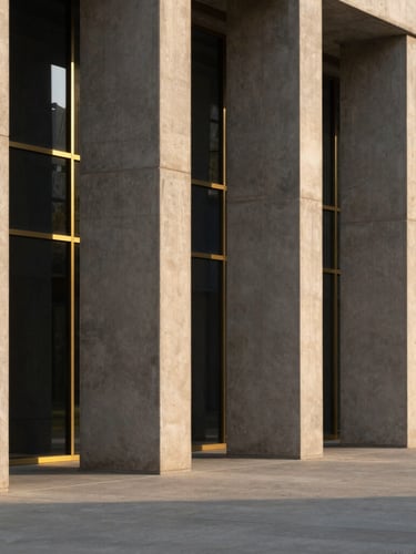 Minimalist portrait architectural shot of a concrete and glass column structure, warm direct sunlight, clean shadows.