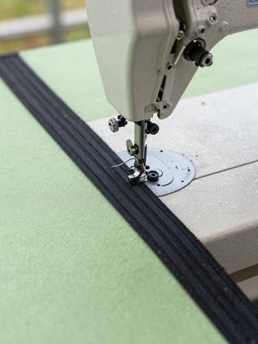 Macro shot of heavy-duty industrial sewing machine stitching a reinforced black webbing border onto woven shade cloth, 35mm
