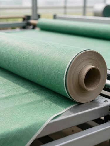 Industrial textile cutting table with heavy rolls of green shade cloth, bright diffused greenhouse daylight, sharp technical details