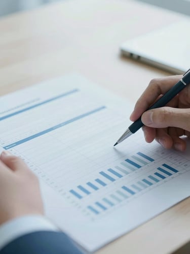 Close-up of hands analyzing clean physical data charts on a wooden desk, soft overcast daylight, cool corporate blue tones, minimalist editorial style, 35mm lens.