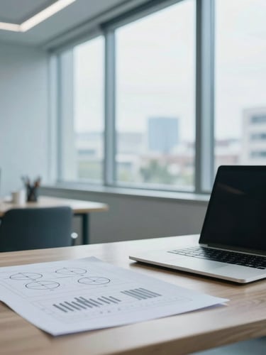 Bright, natural overcast daylight, clean architectural composition of a modern minimalist office workspace in CDMX, a wooden desk with physical charts and a laptop, shallow depth of field, cool corporate blue tones, 35mm lens.