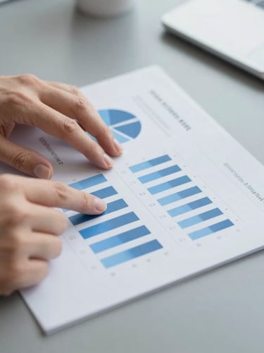 Close-up of hands analyzing clean printed data charts on a slate grey desk in Guadalajara, soft daylight, minimalist corporate editorial photography, 35mm lens.