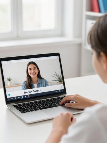 Over-the-shoulder view of a focused high school student participating in an online French tutoring session, split-screen laptop showing a smiling bilingual educator, bright natural daylight, clean white interior with subtle red and blue accents, shallow depth of field.