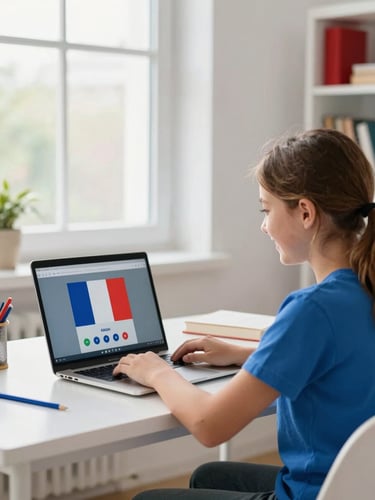 A bright, clean home workspace with natural window light. A focused middle school student looks happily at a laptop screen, showing a live online French tutoring session. Subtle red and blue accents in the room.