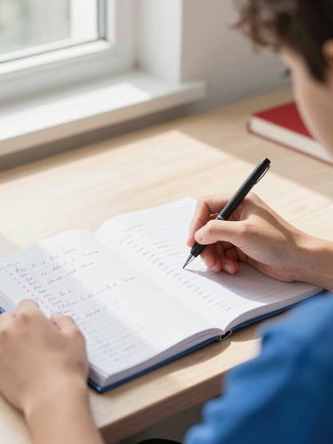 Over-the-shoulder shot of a high school student writing French verbs in a notebook, natural daylight streaming across a clean wooden desk, shallow depth of field.