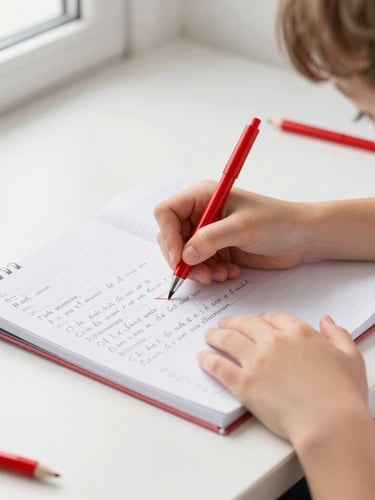 Close-up of a child's hands writing French grammar exercises in a neat school notebook, red pen corrections, bright natural daylight, clean white desk.
