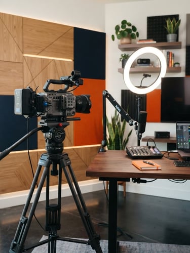High-end YouTube studio setup with a professional camera on a tripod, ring light, and warm wood acoustic panels, 35mm crisp editorial photography
