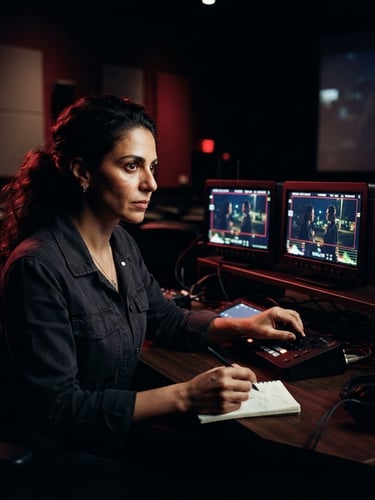 Moody cinematic medium-close portrait of a director looking at camera monitors in a dark screening room, dramatic chiaroscuro lighting, deep shadows, wine-red backlighting, 35mm