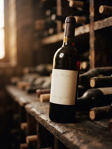 Close-up of a dark red wine bottle with a clean elegant label, warm golden hour light reflecting on the glass, rustic wooden cellar background, 35mm photography