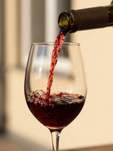 Close-up of red wine being poured into a glass in a sunlit outdoor dehors, warm golden light, shallow depth of field, 35mm