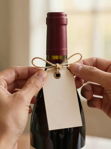 Close-up of a hand tying a delicate twine bow around the neck of a red wine bottle, elegant custom paper tag, warm editorial lighting, shallow depth of field, 35mm.