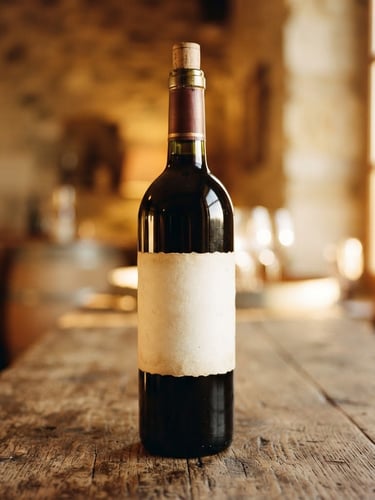 A close-up of a dark glass wine bottle with a custom elegant cream paper label, sitting on a rustic wooden table in a warm golden hour light, shallow depth of field